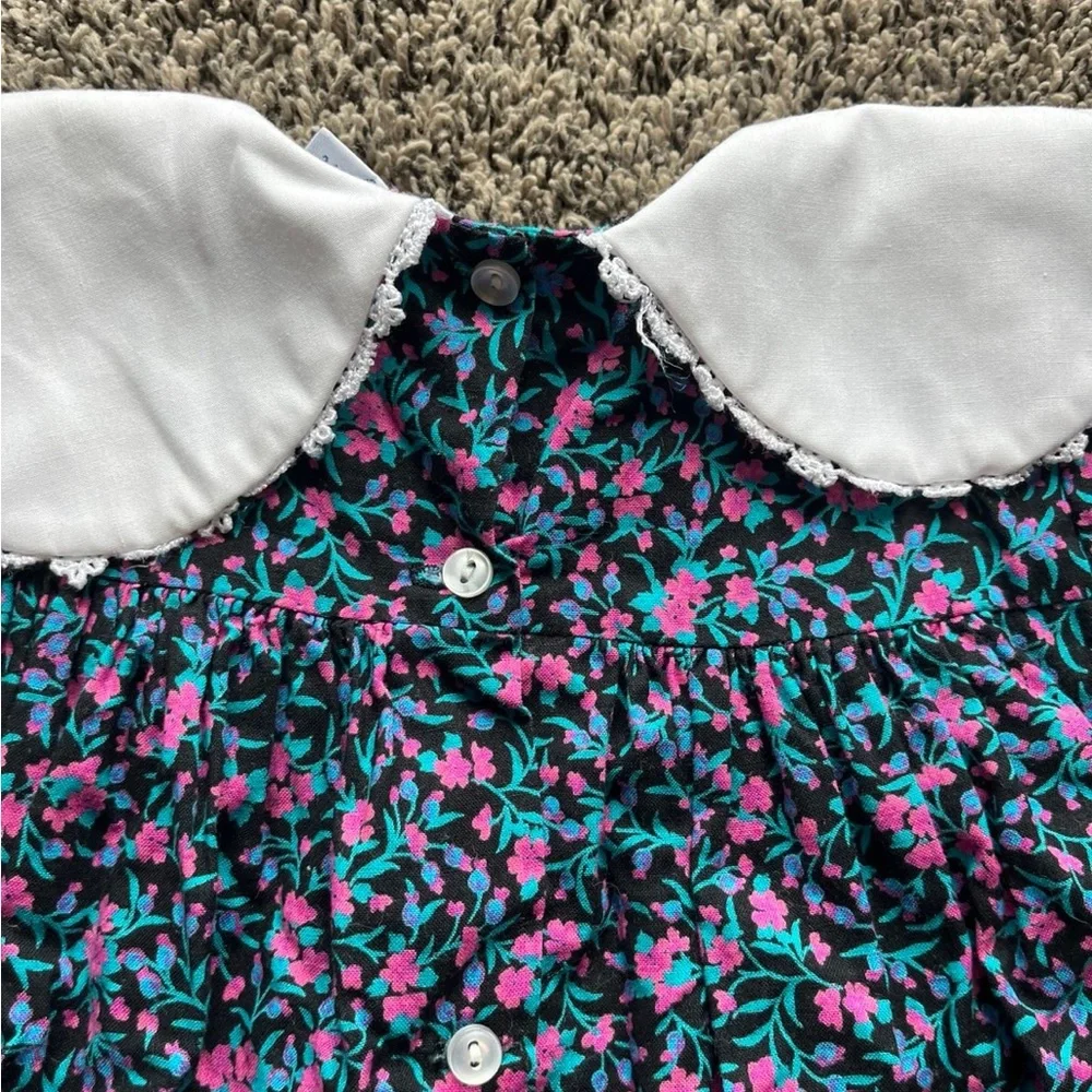 VINTAGE BRYAN Girls Floral Prairie Dress Lace Collar and Ruffle Hem 12 Months